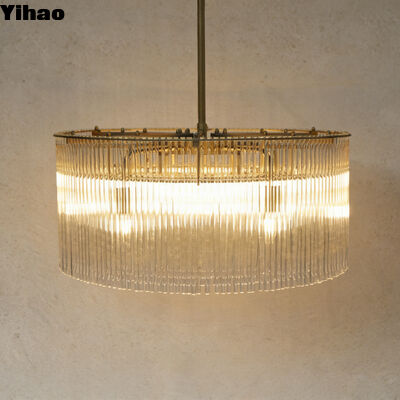 Chandelier en laiton antique à quatre couches avec lampe suspendue LED en verre cristallin pour salle à manger au plafond élevé